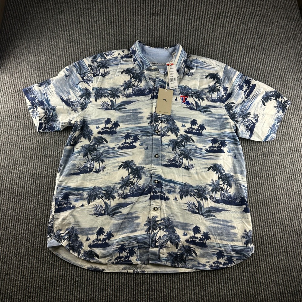 Tommy Bahama Louisiana Tech Blue Tropical Palm Print Shirt XL ST326150UN